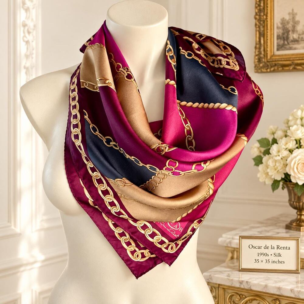 Vintage Oscar de la Renta 90s Silk Scarf Gold Chain Rope Magenta Navy 35x35